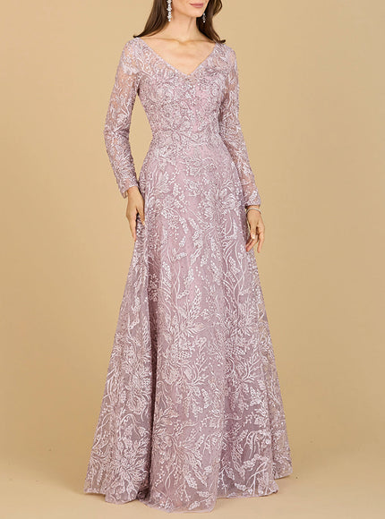 A-line Gown With Long Sleeves, V-Neckline Mauve 2