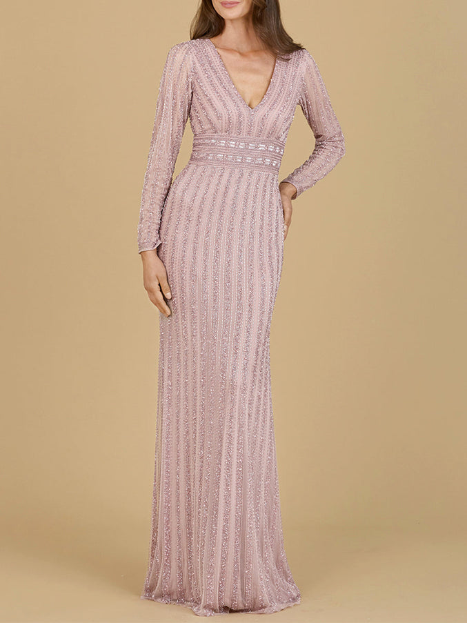 Lara New York 29203 Long Sleeve V-Neck Beaded Gown