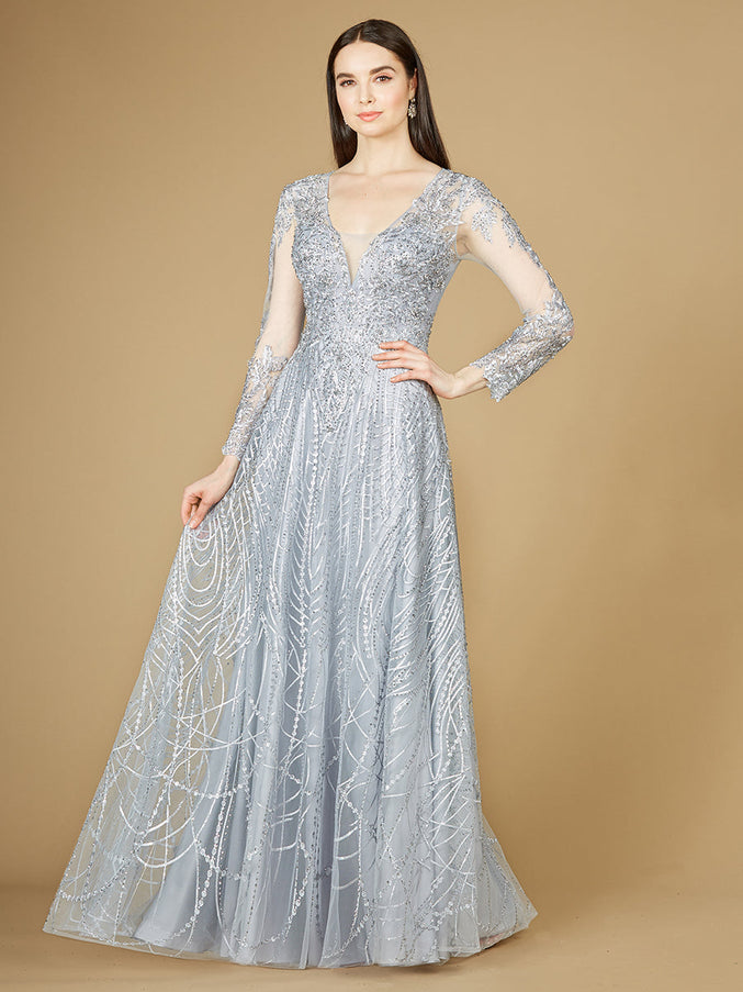 Long Sheer Sleeve V-Neckline Sheath Gown Light Blue