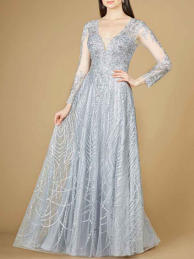 Lara New York 29206 Long Sheer Sleeve V-Neckline Sheath Gown