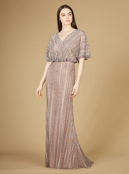 Cape Sleeve V-Neck Gown with Geometric Beading Dusty Purple