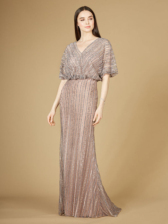 Cape Sleeve V-Neck Gown with Geometric Beading Dusty Purple