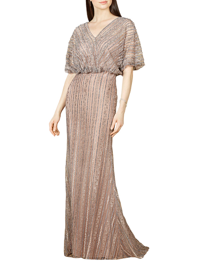 Cape Sleeve V-Neck Gown with Geometric Beading