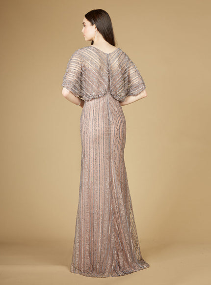 Cape Sleeve V-Neck Gown with Geometric Beading