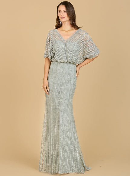 Cape Sleeve V-Neck Gown with Geometric Beading Moss