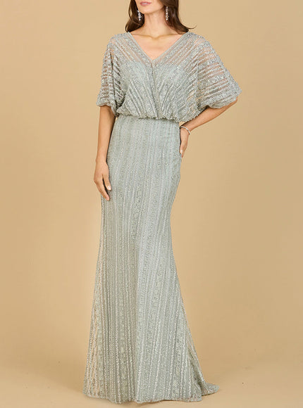 Cape Sleeve V-Neck Gown with Geometric Beading