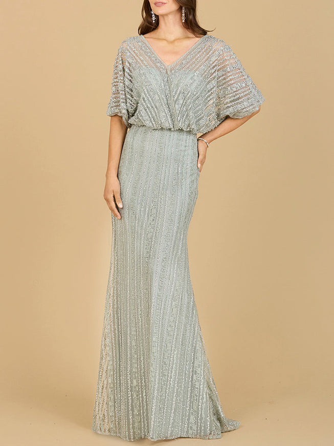 Cape Sleeve V-Neck Gown with Geometric Beading
