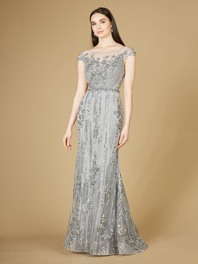 Lara New York 29210 Cap Sleeve Mermaid Lace Gown with High Neck Grey