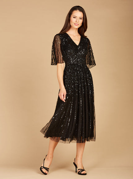 Flowing, Sequin Midi Dress with Short Sleeves Black