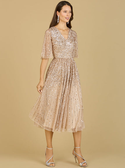 Flowing, Sequin Midi Dress with Short Sleeves Champagne