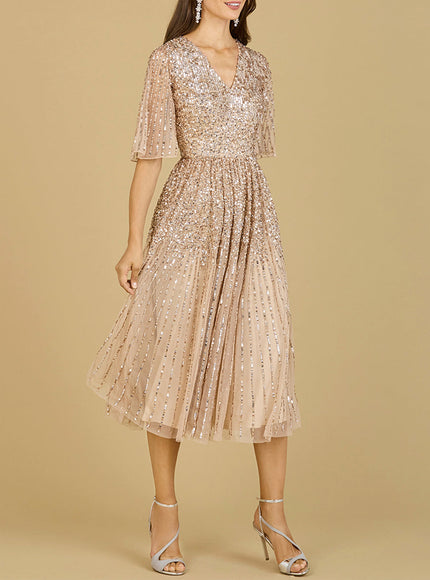 Flowing, Sequin Midi Dress with Short Sleeves