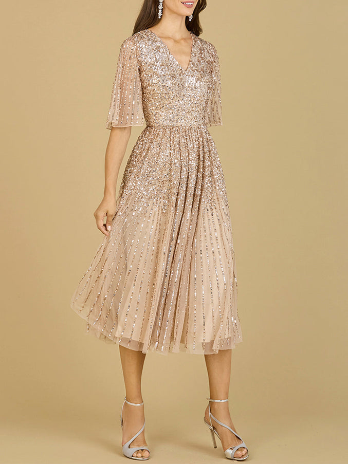 Lara New York 29221 Flowing Sequin Midi Dress with Short Sleeves