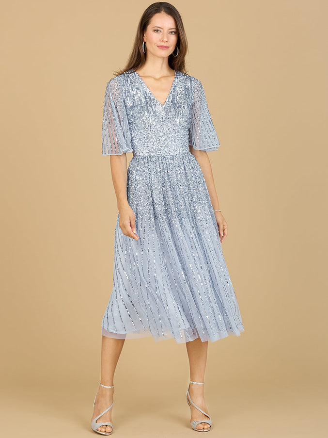 Lara New York 29221 Flowing Sequin Midi Dress with Short Sleeves Periwinkle