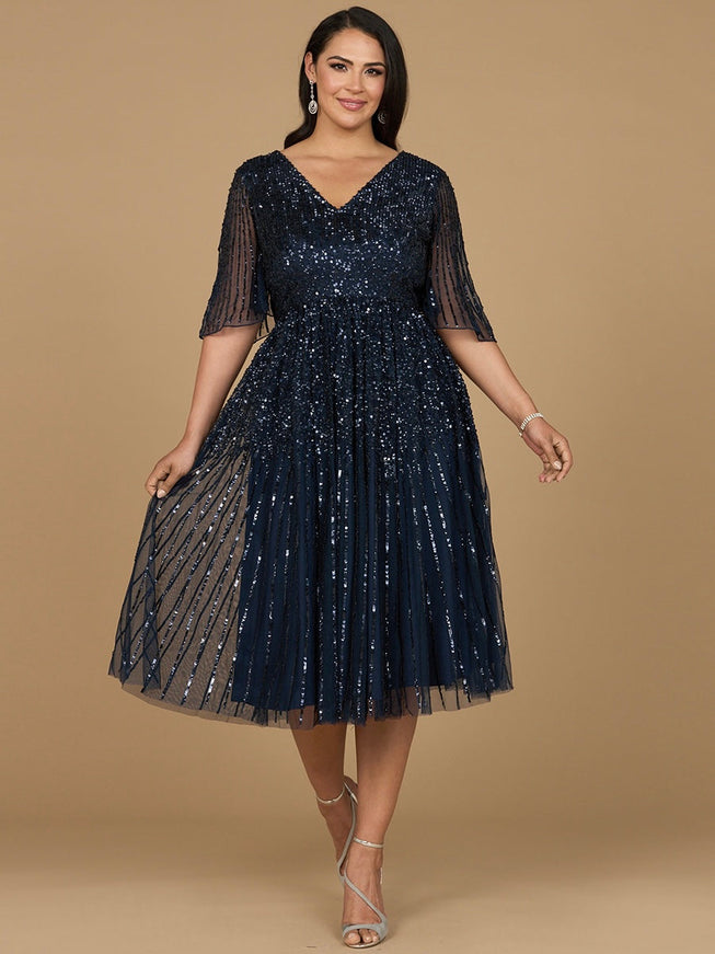 Flowing, Sequin Midi Dress with Short Sleeves Navy