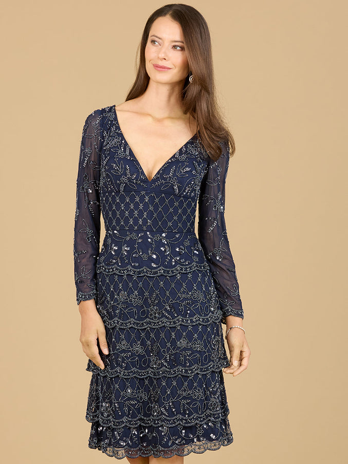Lara New York 29223 Knee Length Long Sleeve Cocktail Dress Navy