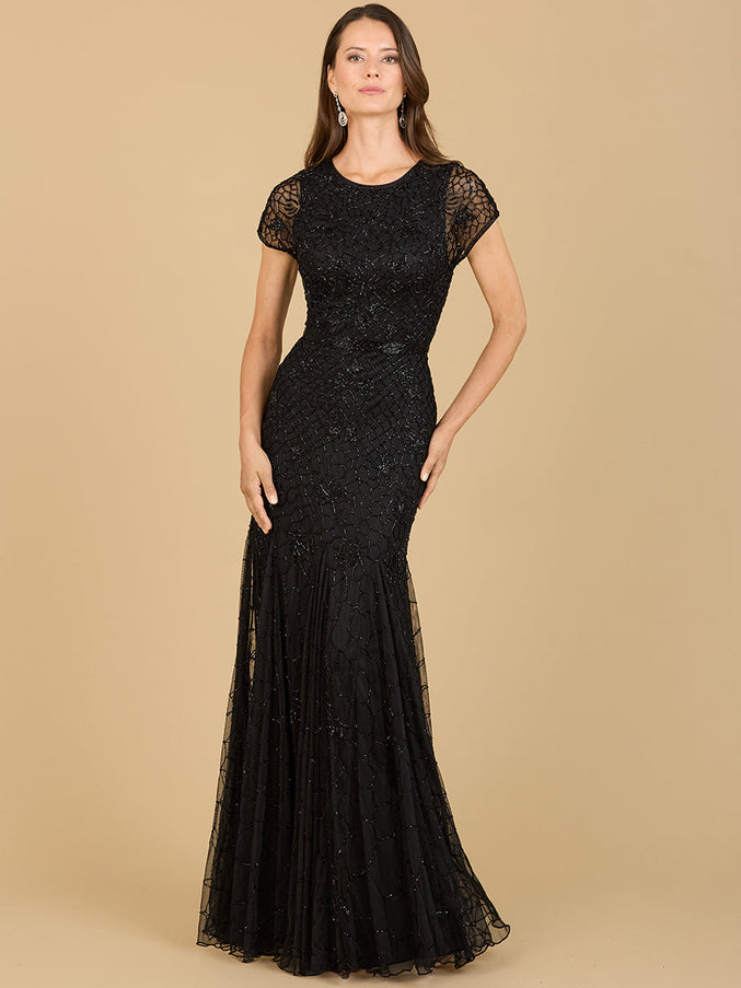 Beaded Mermaid Cap Sleeve Gown Black