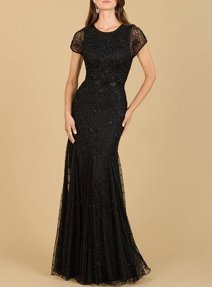 Beaded Mermaid Cap Sleeve Gown