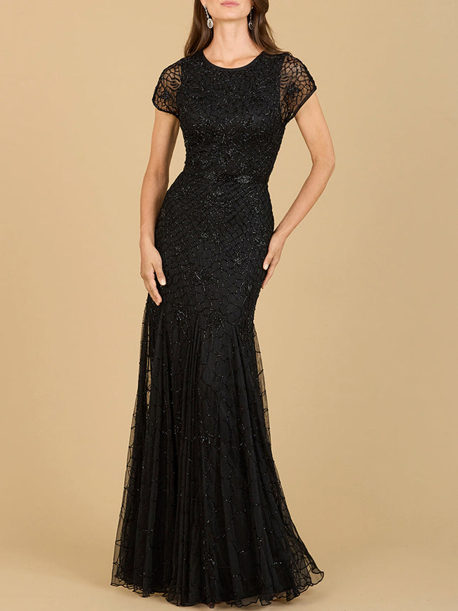 Beaded Mermaid Cap Sleeve Gown