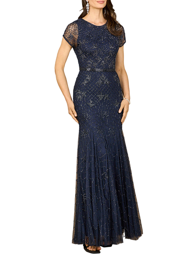 Beaded Mermaid Cap Sleeve Gown Navy