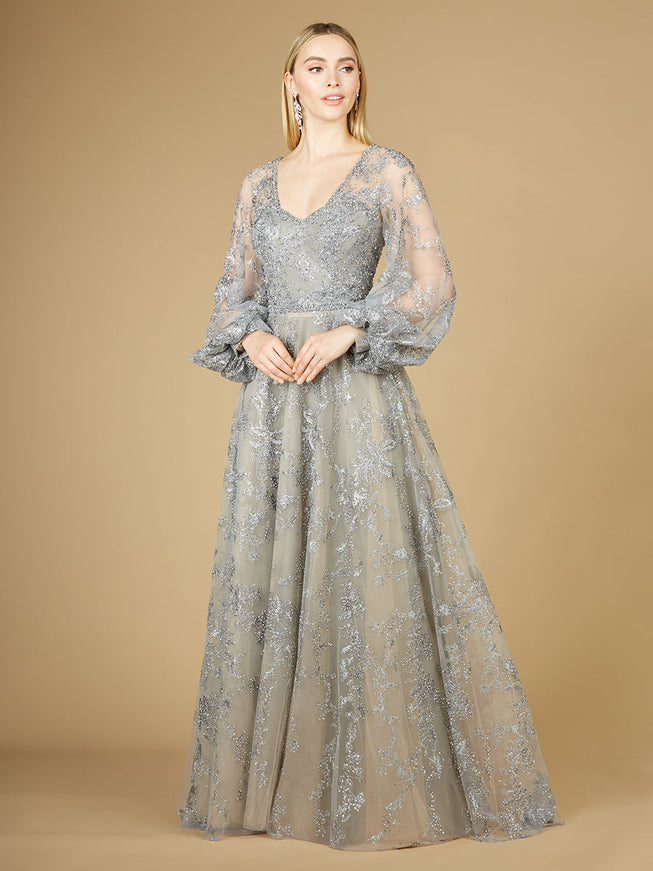 V Neckline Balloon Sleeve Gown Slate
