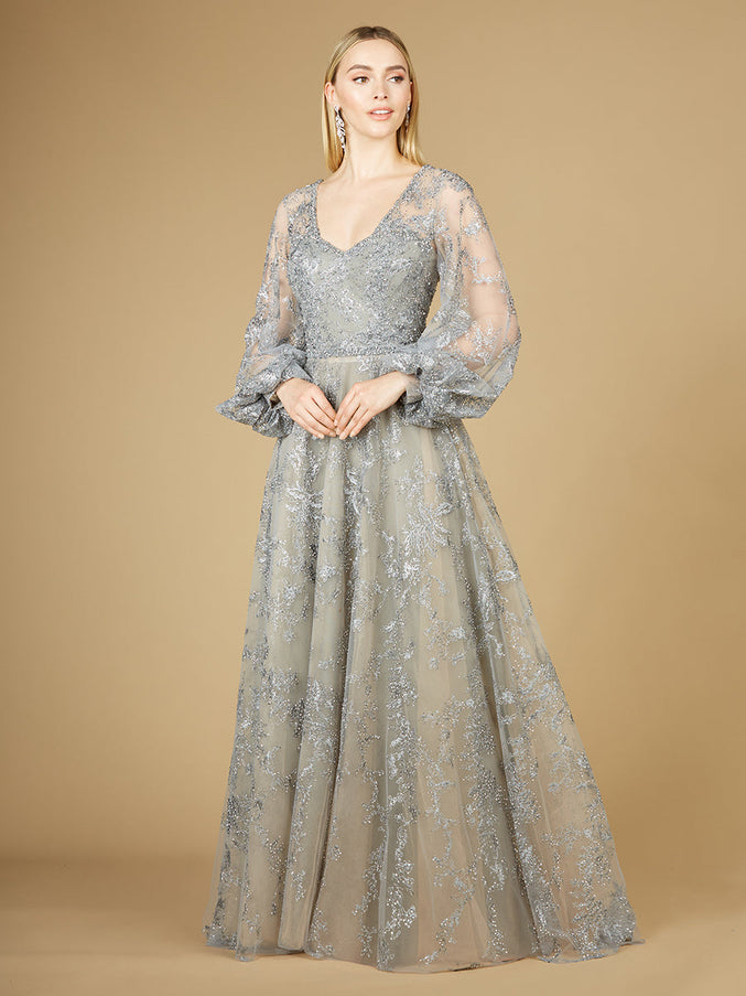V Neckline Balloon Sleeve Gown Slate