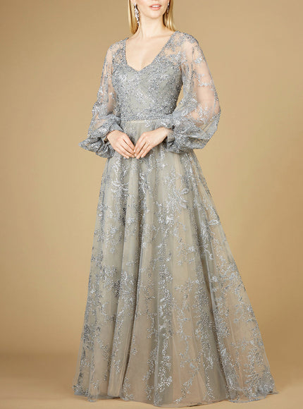V Neckline Balloon Sleeve Gown