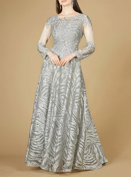 Lace Ball Gown with Long Sheer Sleeves and High Neck - OUTLET