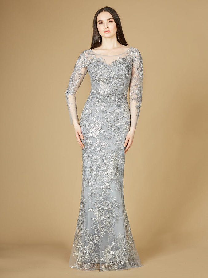 Lara New York 29232 High Neck Long Sleeve Fitted Lace Gown Thistle