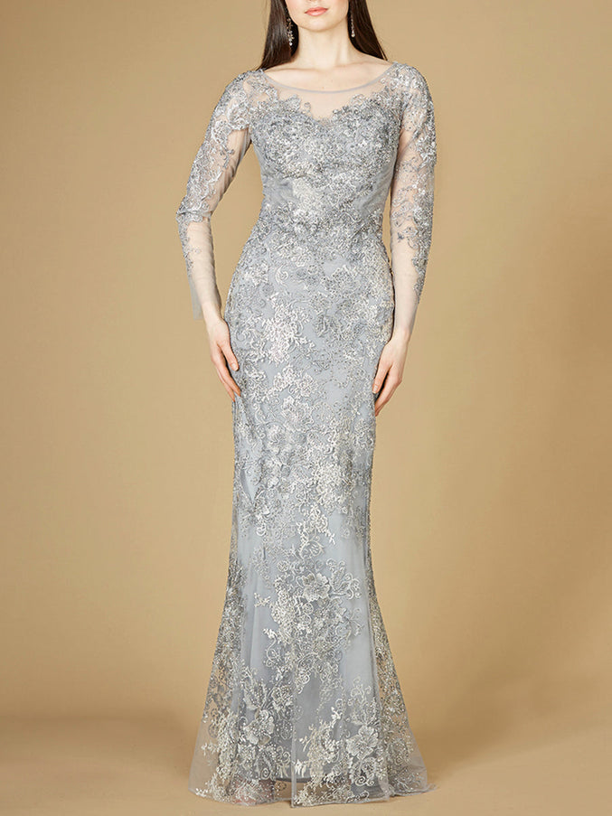 Lara New York 29232 High Neck Long Sleeve Fitted Lace Gown