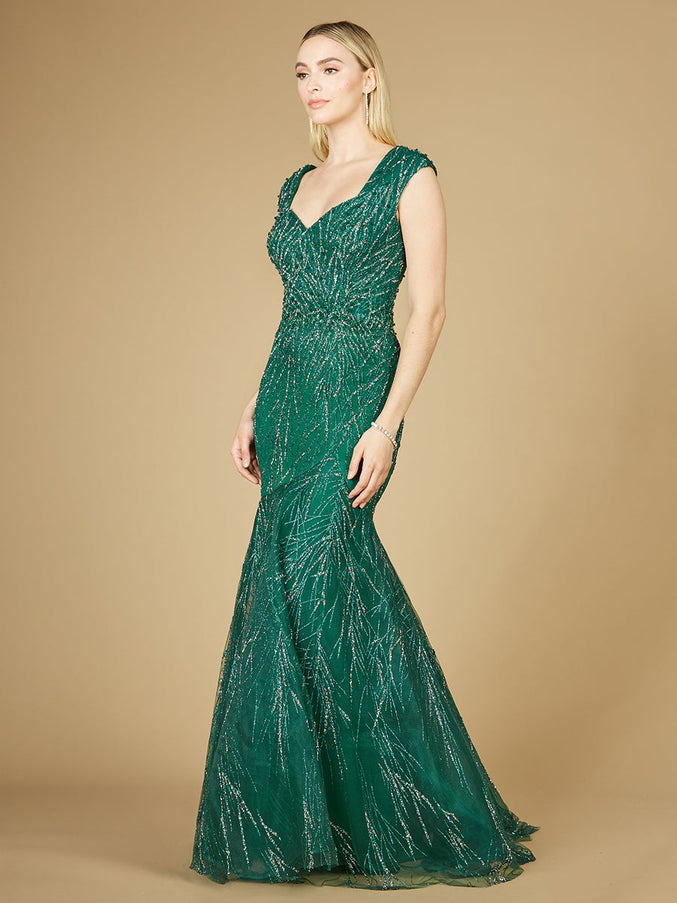 Lara New York 29233 Cap Sleeve Mermaid Beaded Gown Green