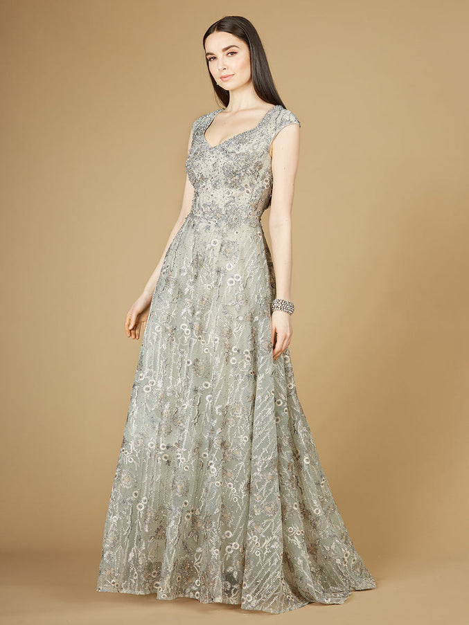 Lara New York 29236 Cap Sleeve V-Neck Lace A-Line Gown Slate