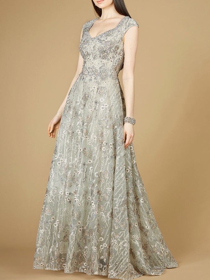 Lara New York 29236 Cap Sleeve V-Neck Lace A-Line Gown