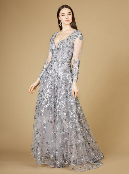 A-line Gown With Long Sleeves, V-Neckline Dusty Purple