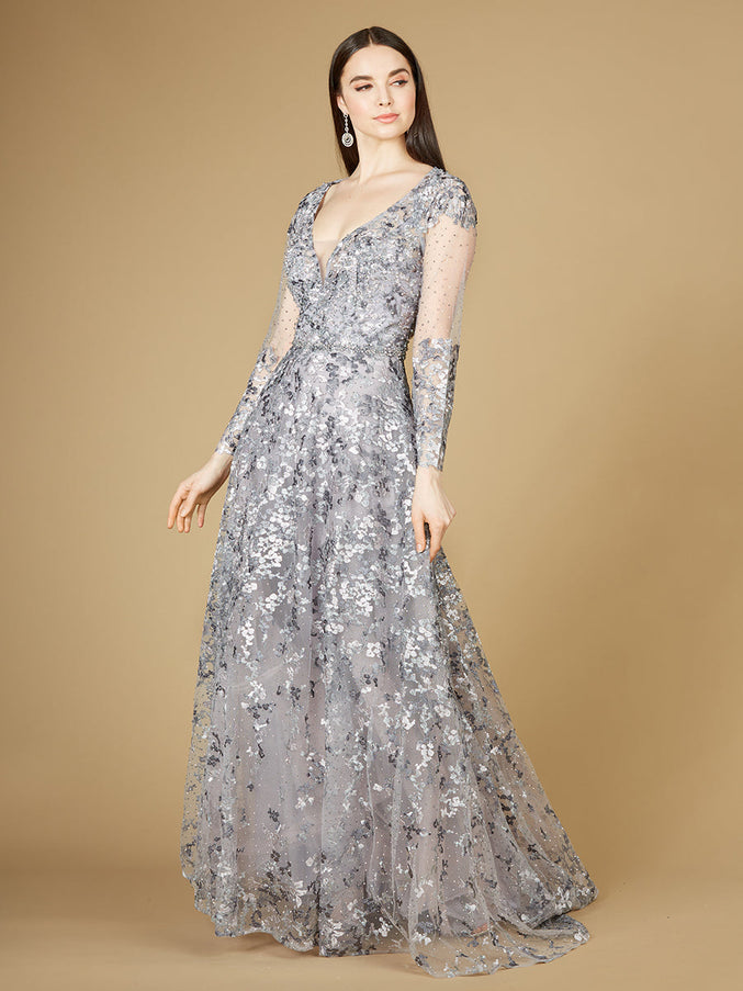 A-line Gown With Long Sleeves, V-Neckline Dusty Purple