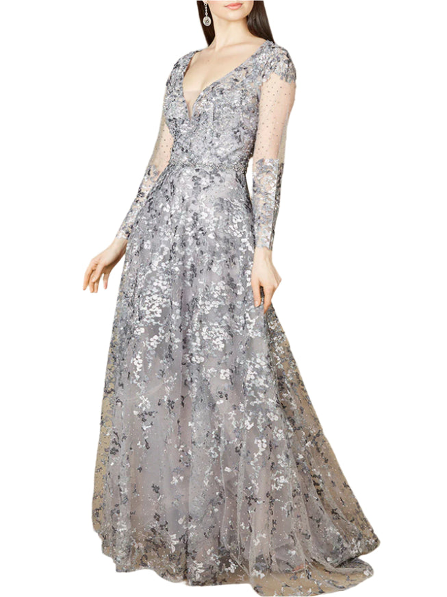 A-line Gown With Long Sleeves, V-Neckline