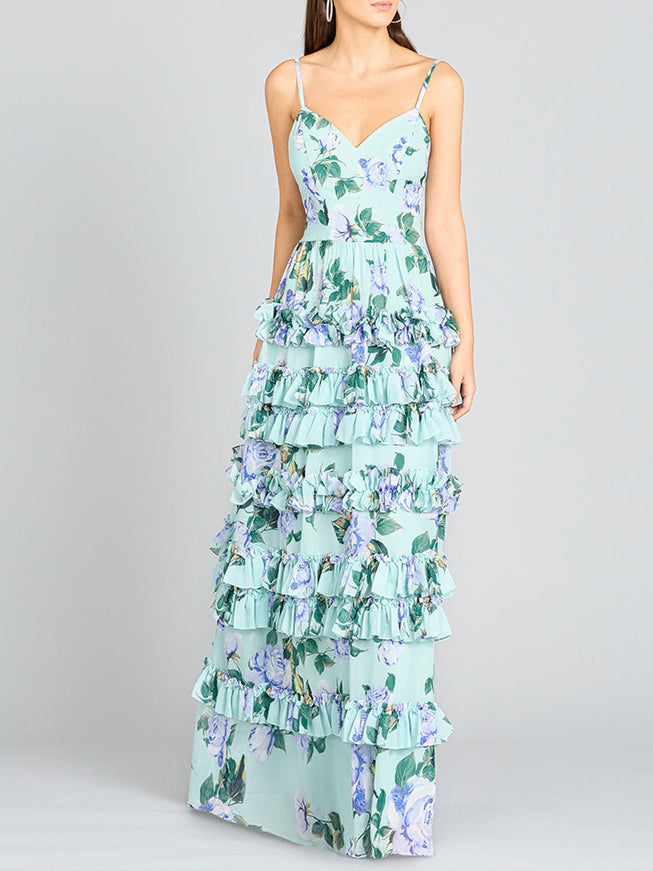 Ruffle Skirt Printed Gown with Spaghetti Straps - OUTLET