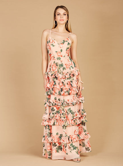 Ruffle Skirt Printed Gown with Spaghetti Straps - OUTLET