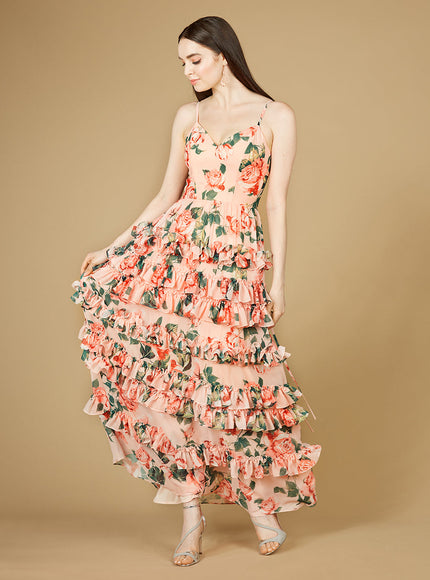 Ruffle Skirt Printed Gown with Spaghetti Straps - OUTLET Peach