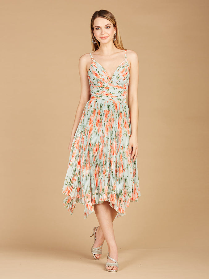 Lara New York 29243 V-Neck Printed Midi Length Dress with Pleats Mint