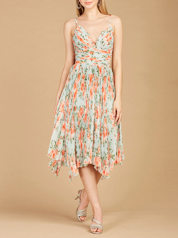 Lara New York 29243 V-Neck Printed Midi Length Dress with Pleats