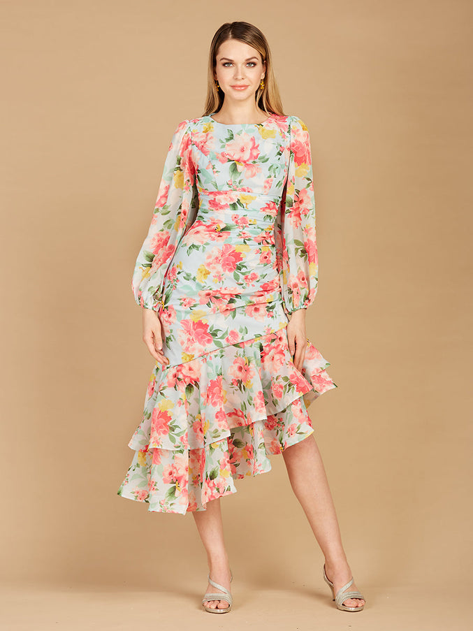 High Neck, Lace Up, Long Sleeve Printed Midi Dress - OUTLET Mint
