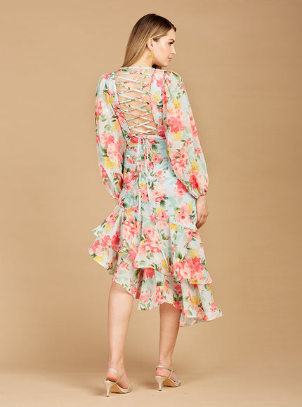 High Neck, Lace Up, Long Sleeve Printed Midi Dress - OUTLET