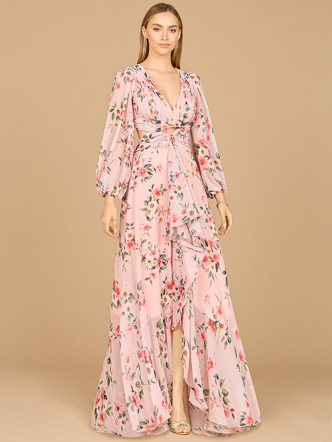 Lara New York 29245 Long Sleeve V-Neck Layered Skirt Print Dress Blush