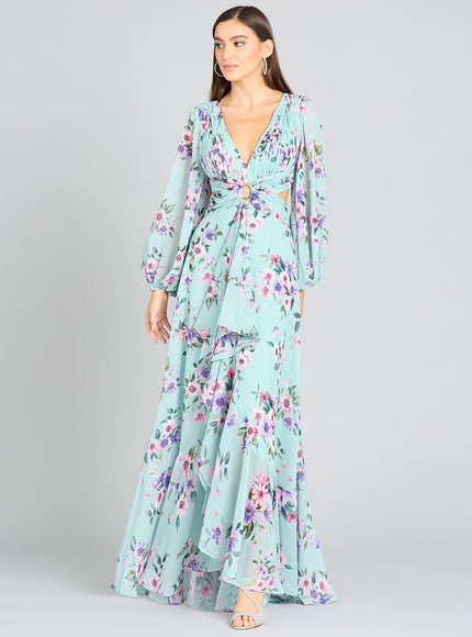 Long Sleeve V-Neck, Layered Skirt Print Dress- OUTLET Mint