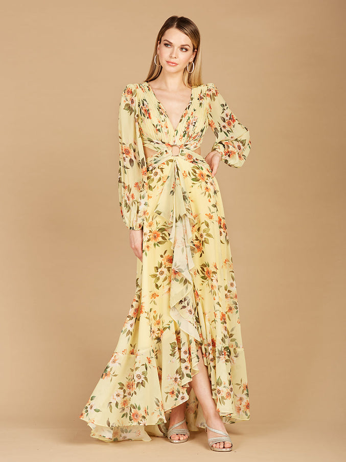 Lara New York 29245 Long Sleeve V-Neck Layered Skirt Print Dress Yellow