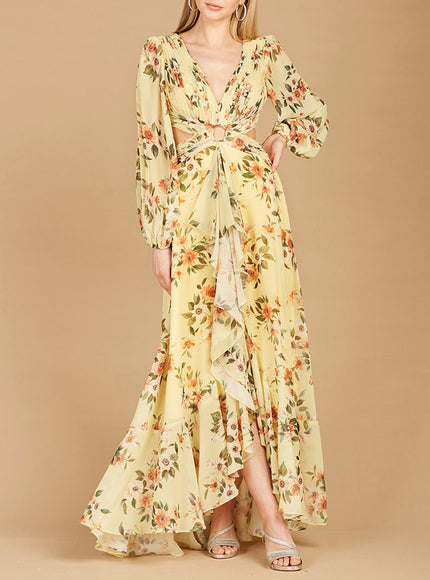 Long Sleeve V-Neck, Layered Skirt Print Dress- OUTLET