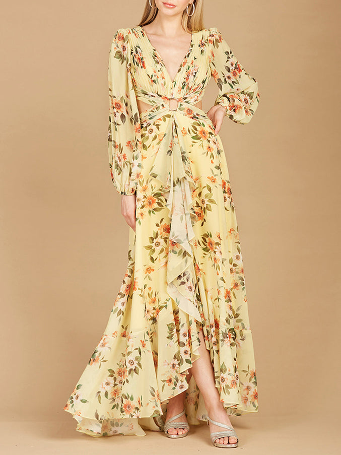 Lara New York 29245 Long Sleeve V-Neck Layered Skirt Print Dress