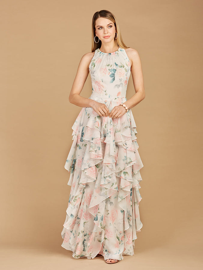 Lara New York 29247 High Neck Ruffled Skirt Printed Dress White Rose