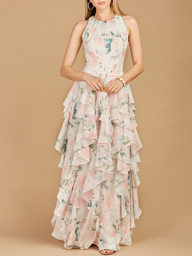 High Neck, Ruffled Skirt Printed Dress - OUTLET