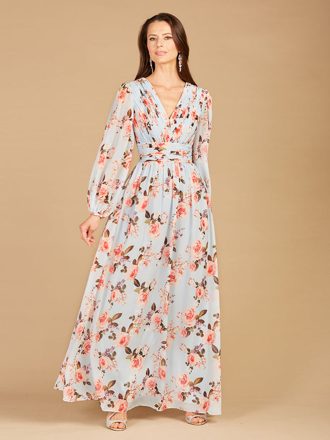 Long Sleeve Print Dress - OUTLET Sky Blue